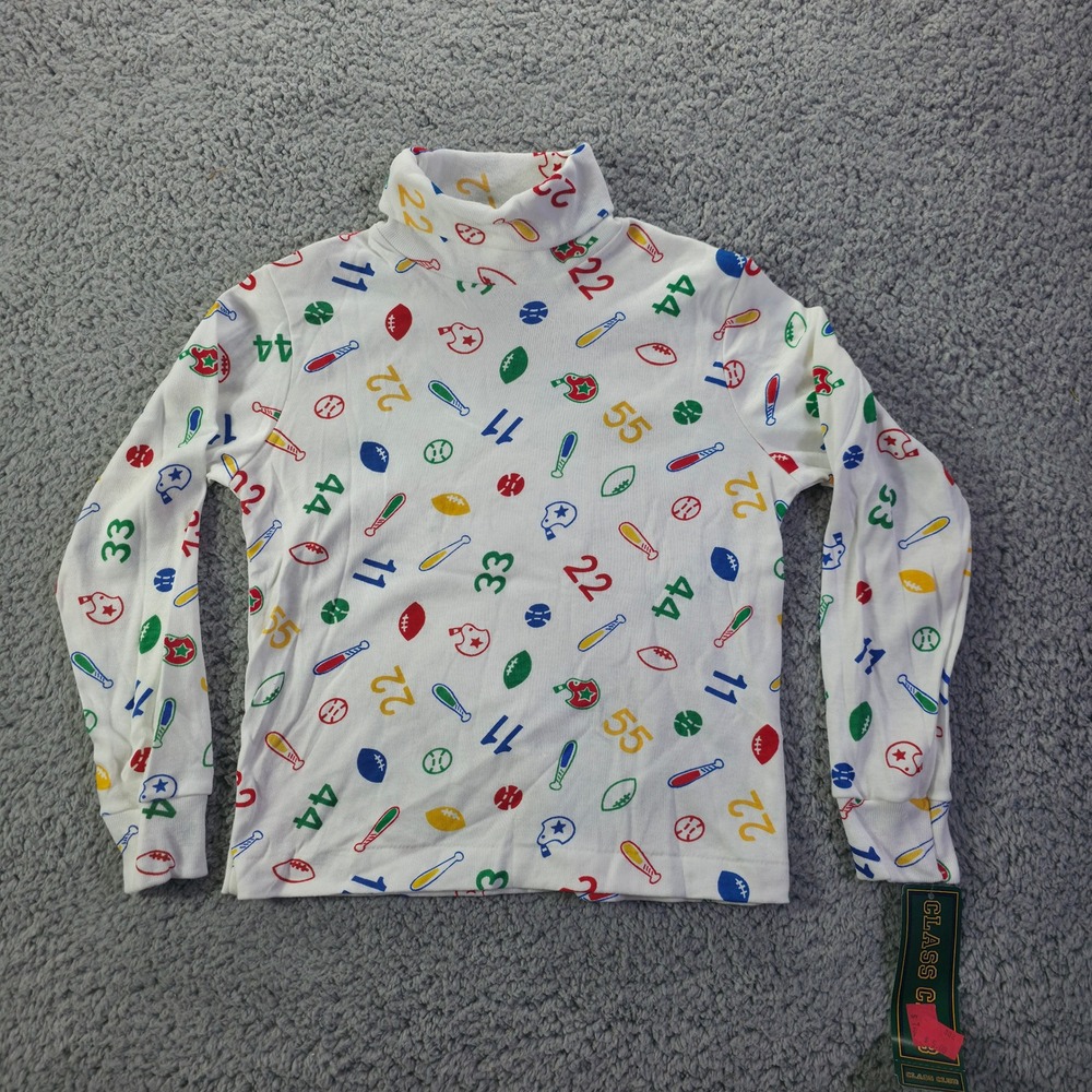 Class Club Kids Sports Print Turtleneck White Long Sleeve Shirt Vintage L7